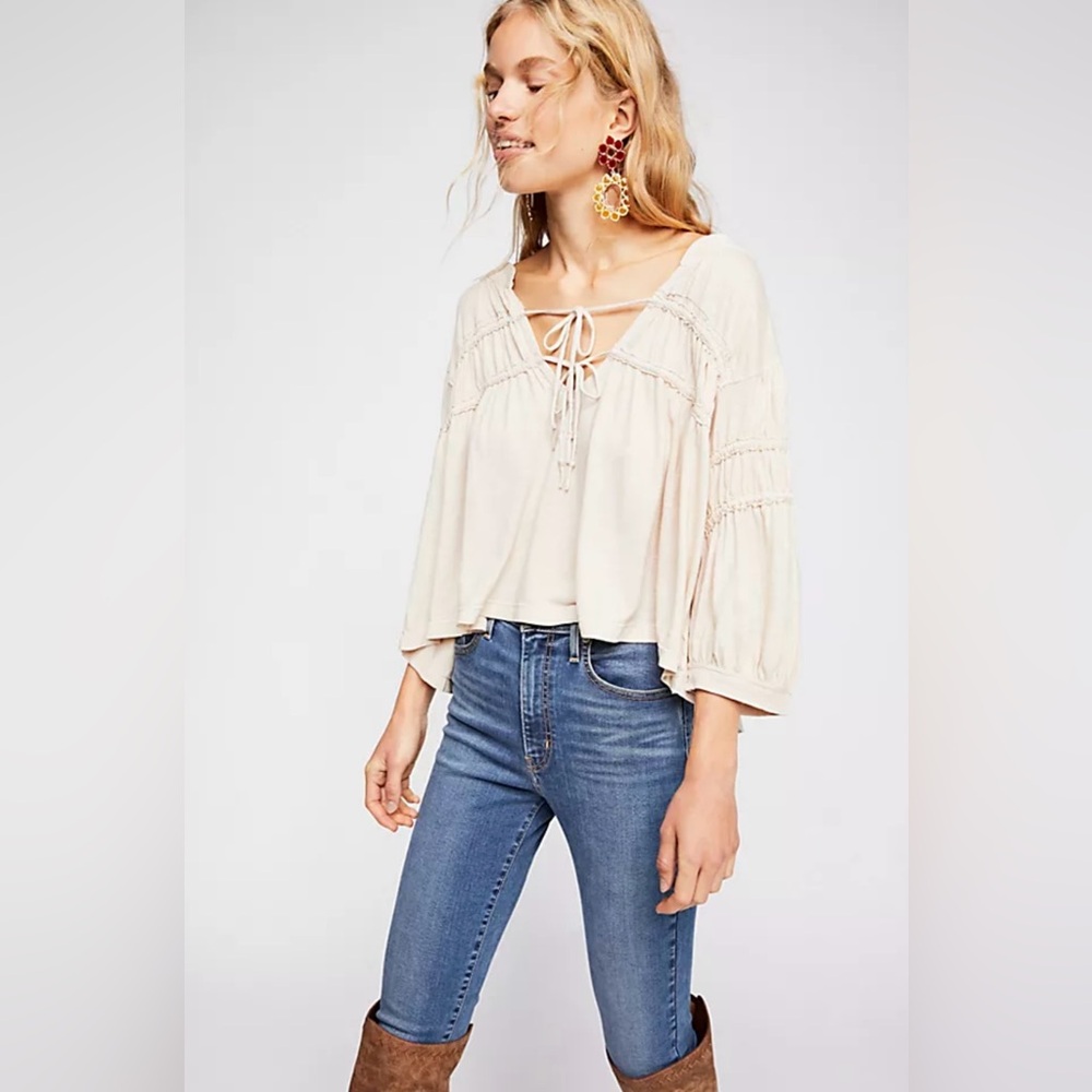 We The Free Cream Peasant Tie-Front Short Sleeve Top